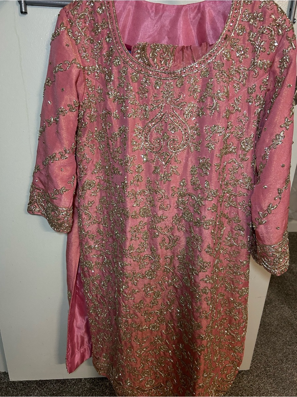 Blush Pink Farsi Sharara, with cream colored Farsi skirt, gold zardozi work